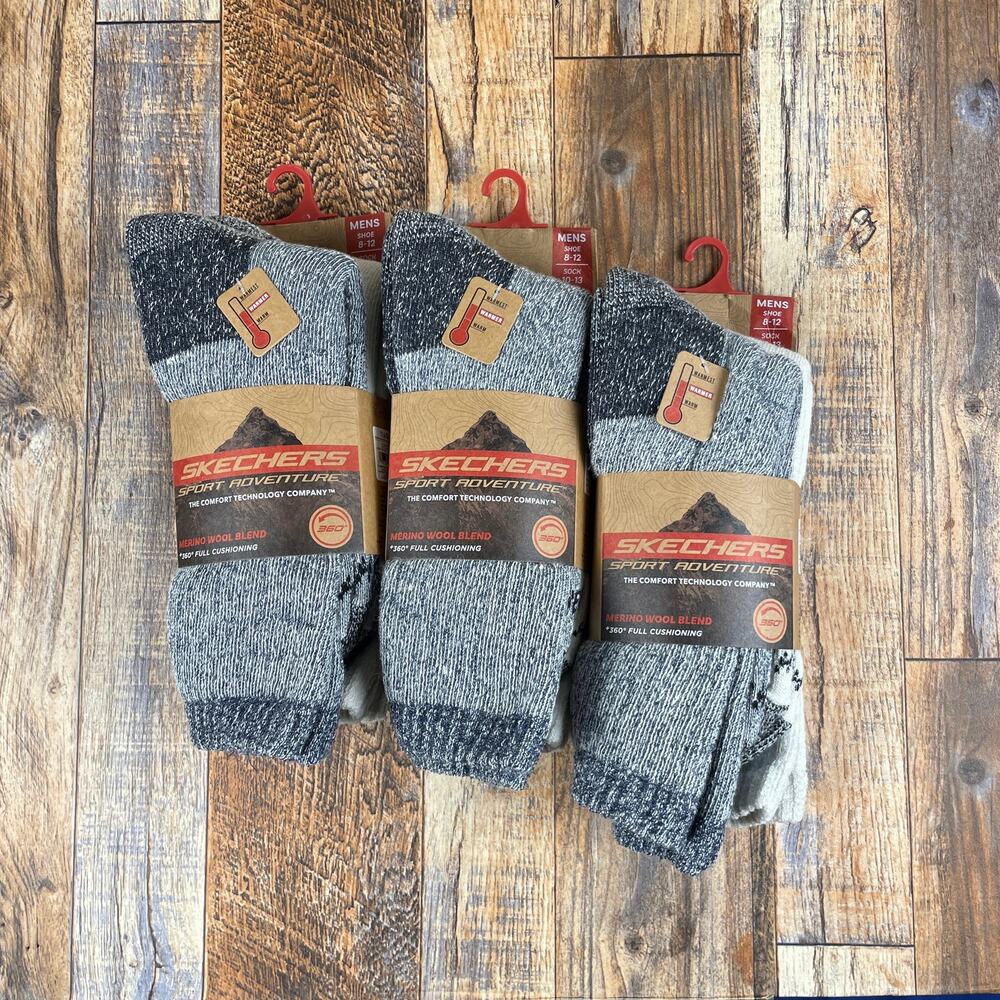 Skechers Mens 8-12 Gray White Sport Adventure Merino Wool Blend Hiking Socks 6pk